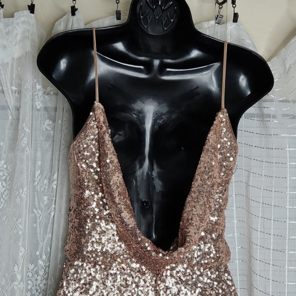 Jenny Yoo "Jules" Rose Gold Sequin Maxi Gown Sz4 - Picture 4 of 13